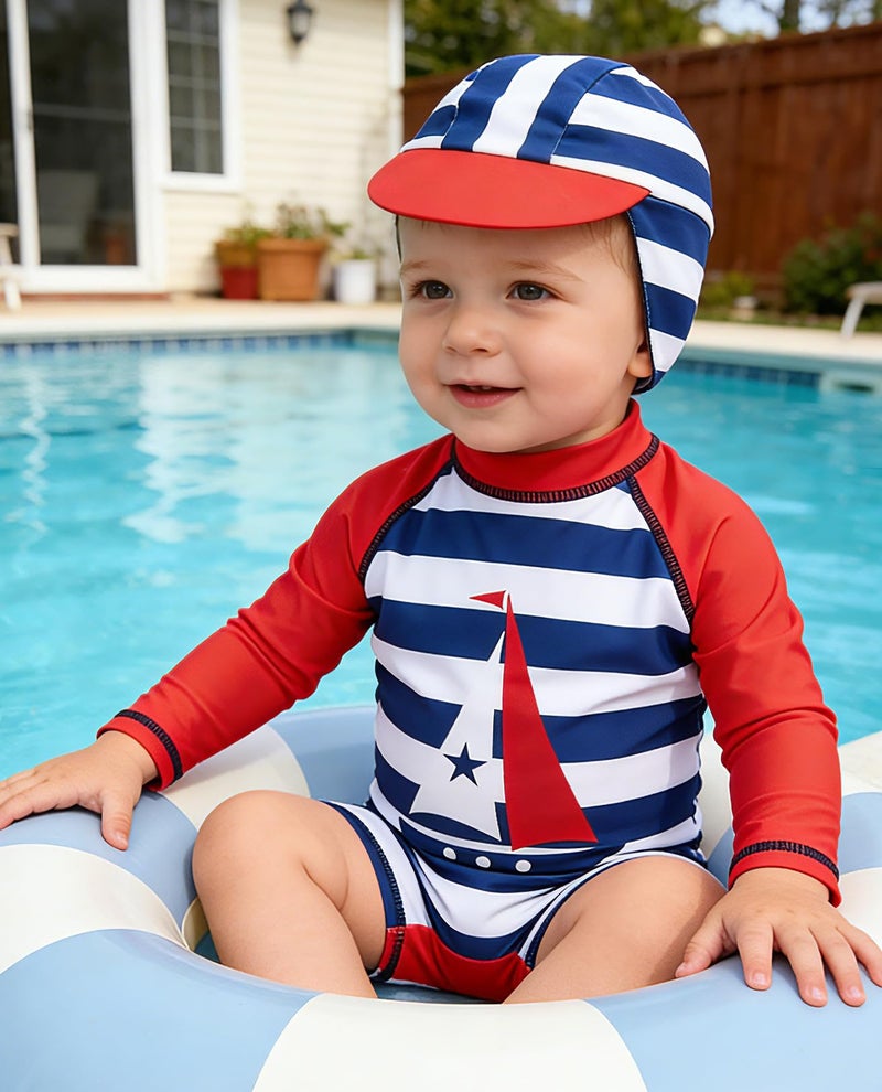 uideazone Rash Guard Swimsuits for Baby Boy Stripe Print Long Sleeve Bathing Suits One Piece Swimwear UPF 50+ 6-12 Months - Image 2