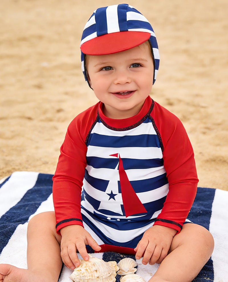 uideazone Rash Guard Swimsuits for Baby Boy Stripe Print Long Sleeve Bathing Suits One Piece Swimwear UPF 50+ 6-12 Months - Image 4