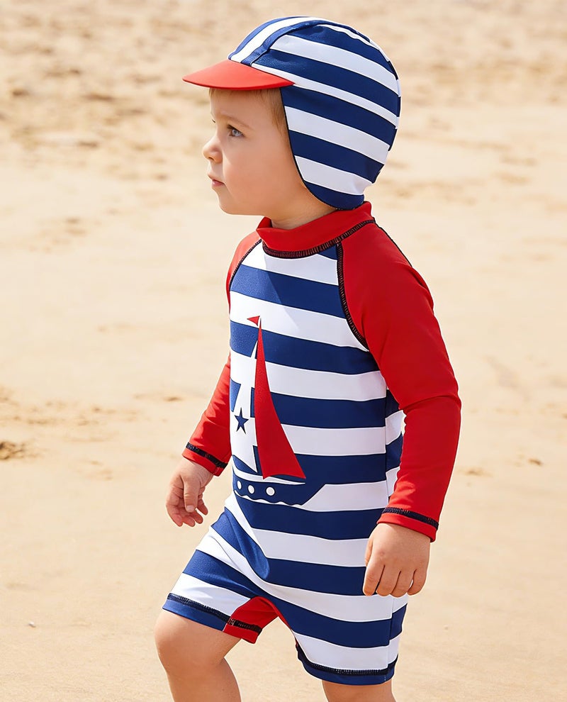 uideazone Rash Guard Swimsuits for Baby Boy Stripe Print Long Sleeve Bathing Suits One Piece Swimwear UPF 50+ 6-12 Months - Image 3