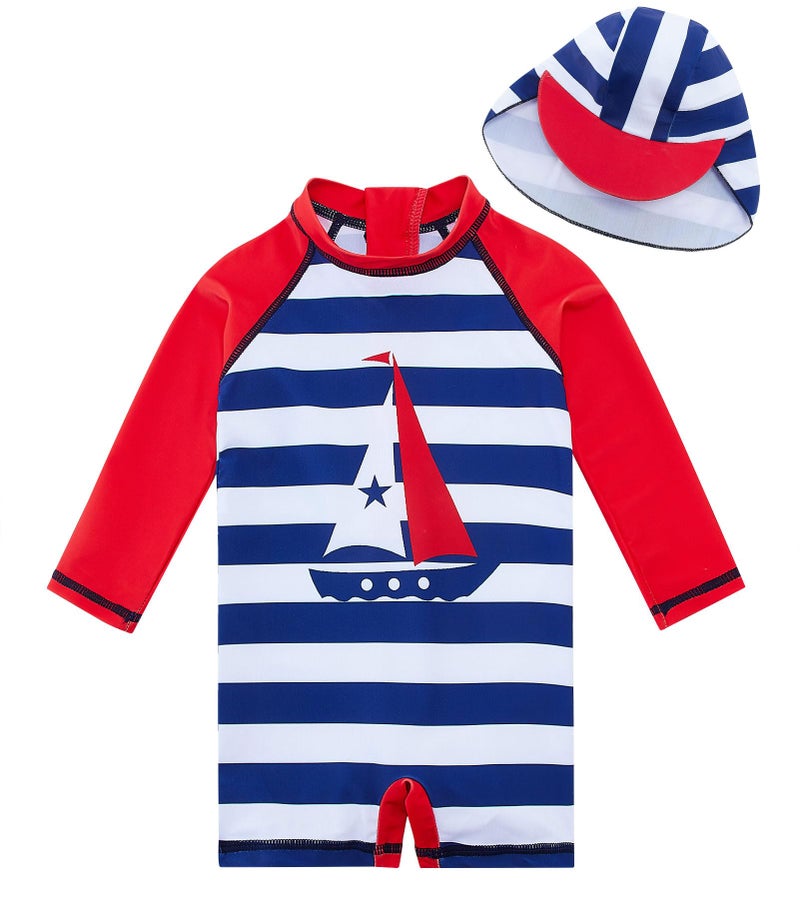 uideazone Rash Guard Swimsuits for Baby Boy Stripe Print Long Sleeve Bathing Suits One Piece Swimwear UPF 50+ 6-12 Months - Image 1