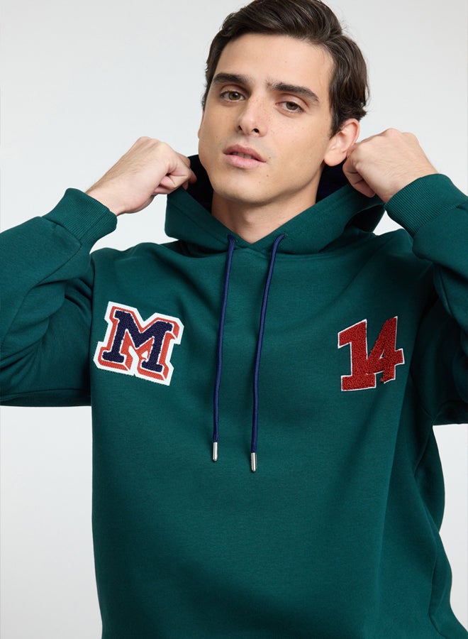 trendyol Emerald Green Oversize/Wide Cut Letter Patch and Embroidery Detailed Hooded Sweatshirt - Image 2