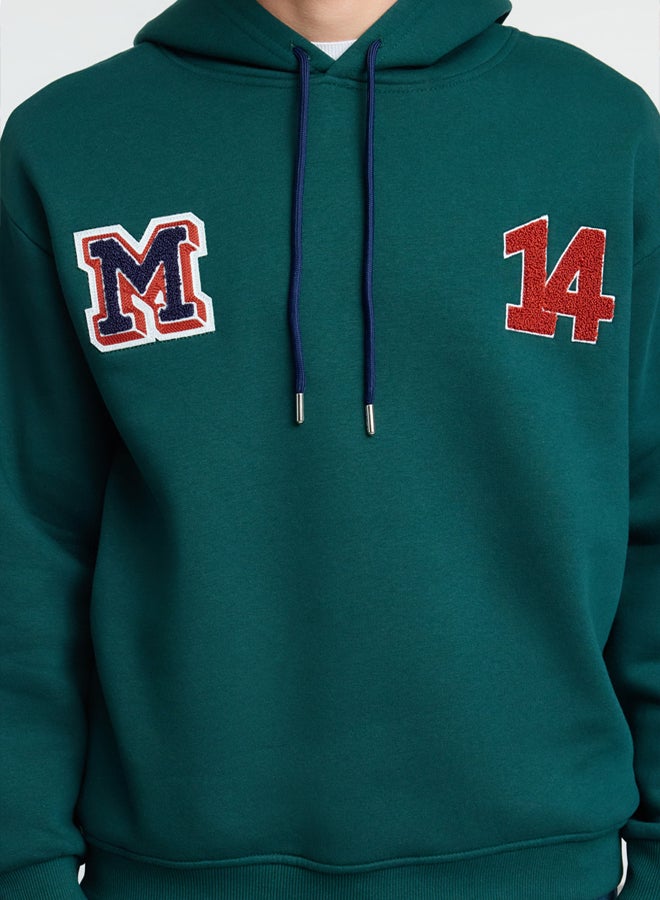 trendyol Emerald Green Oversize/Wide Cut Letter Patch and Embroidery Detailed Hooded Sweatshirt - Image 3
