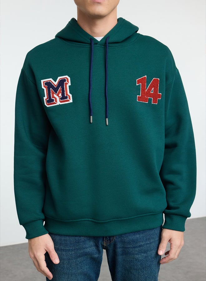 trendyol Emerald Green Oversize/Wide Cut Letter Patch and Embroidery Detailed Hooded Sweatshirt - Image 4