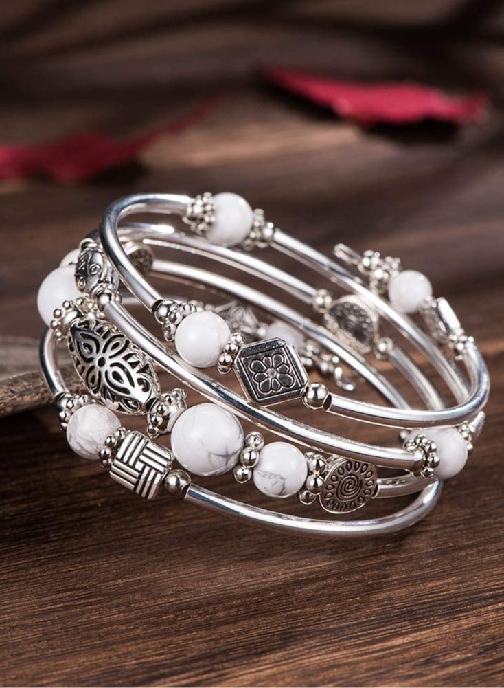 إس سيميفر سوار ملفوف بالخرز الفضي لها، أساور بوهيمية ذات طبقات من الحجر الطبيعي، هدايا مجوهرات للنساء - أبيض - Image 2