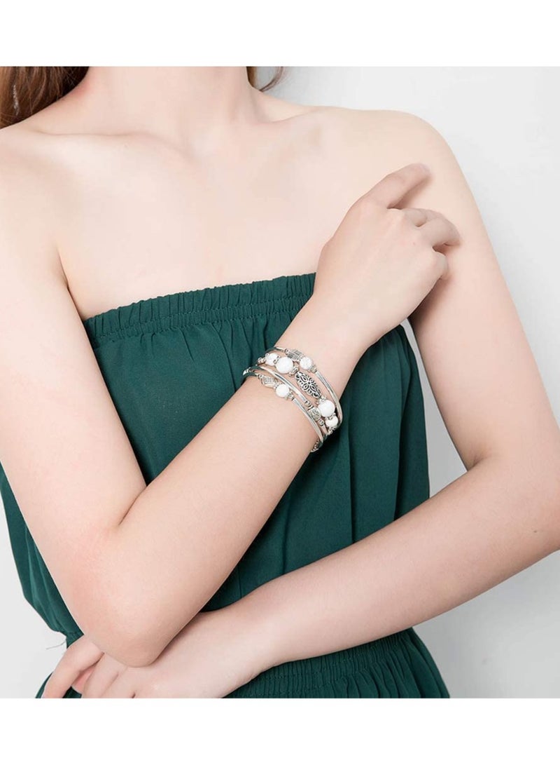 إس سيميفر سوار ملفوف بالخرز الفضي لها، أساور بوهيمية ذات طبقات من الحجر الطبيعي، هدايا مجوهرات للنساء - أبيض - Image 3