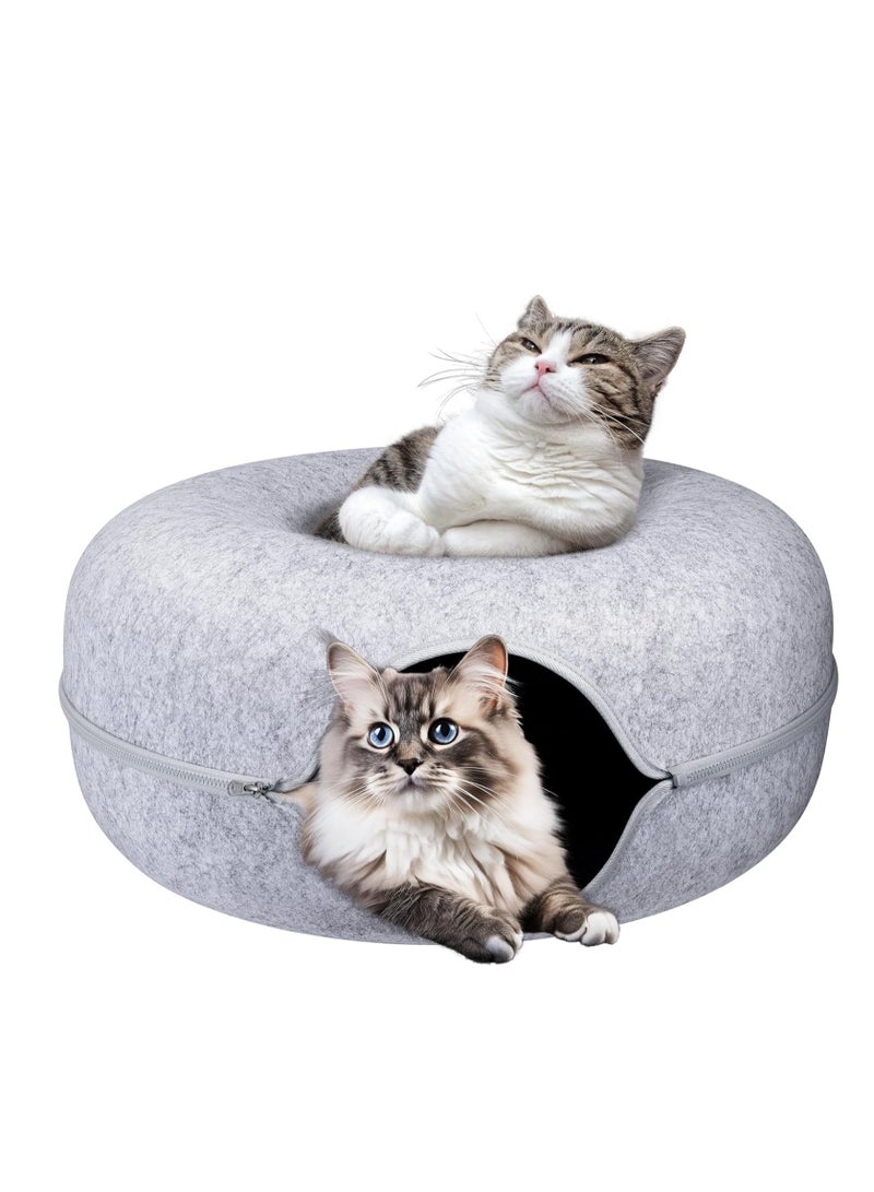 Cat Tunnel Bed,Detachable Felt Cat Nest,Round Donut Felt Pet Nest,Four Seasons Available cat nest,Semi-Closed Washable Cat Tunnel Nest (Light grey) - Image 1
