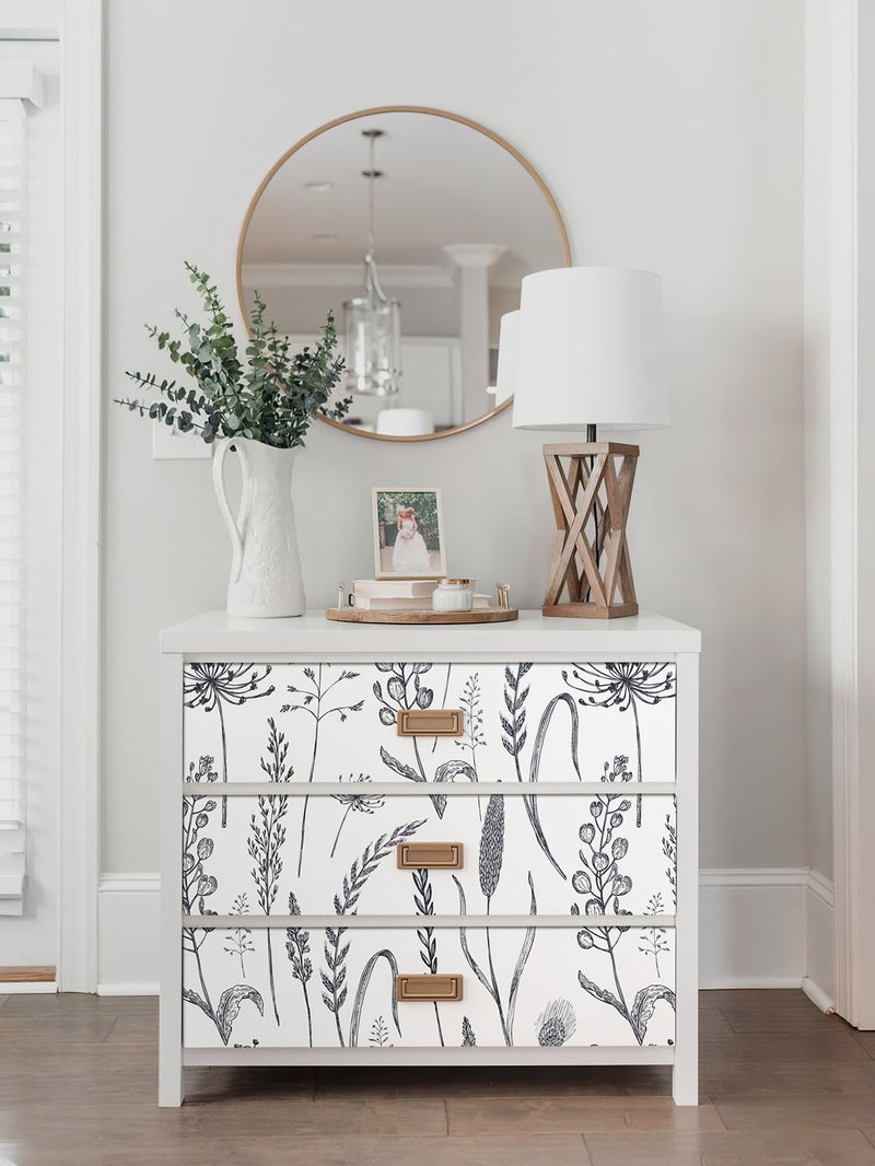 JiffDiff Peel and Stick Wallpaper Farmhouse Vintage Floral Contact Paper Wheat Meadow Removable Self Adhesive Wallpaper Black and White (14.2 sq.ft) - Image 4