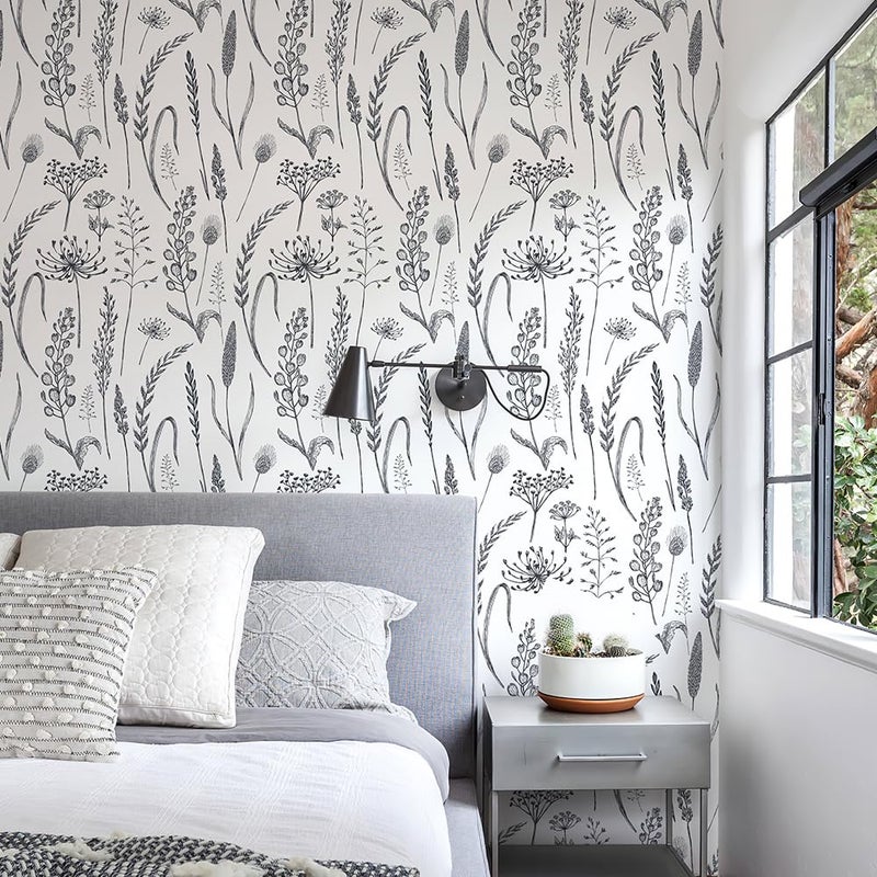 JiffDiff Peel and Stick Wallpaper Farmhouse Vintage Floral Contact Paper Wheat Meadow Removable Self Adhesive Wallpaper Black and White (14.2 sq.ft) - Image 5