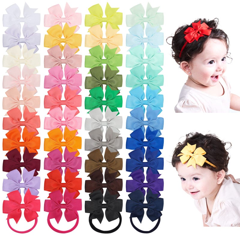 jollybows 40pcs Baby Girls Grosgrain Ribbon Hair Bows Headbands 3" Hair Band Hair Accessories for Infants Newborn Toddler - Image 1