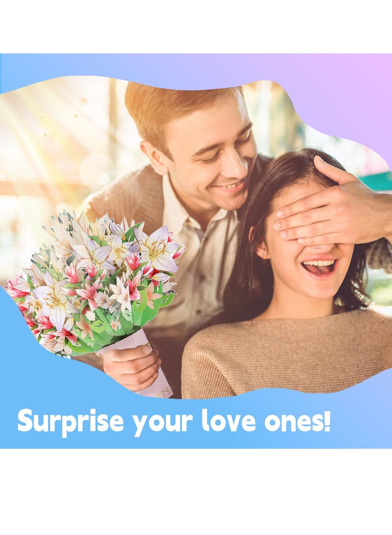 SYOSI بطاقات زهور منبثقة، بطاقات يوم الأم للأم، باقة زهور دائمة بطاقات ورقية ثلاثية الأبعاد منبثقة مع بطاقة ملاحظة وظرف، هدايا للنساء، لهدايا عيد الميلاد، بطاقات شكر، بطاقات تخرج - زنبق - Image 2