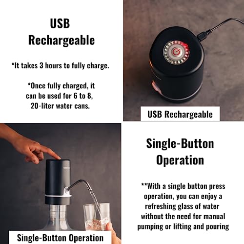 InstaCuppa Automatic Water Dispenser for 20 Liter Cans, Child Lock, USB Rechargeable Pump, Stainless Steel Outlet, LED Display, Portable for Home, Office, Camping, Black - Image 5
