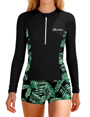 ADIFUN Girls Rash Guard Swimsuit 12-14 Two Piece Set Long Sleeve Black Tropical Leaf Print Bathing Suit UPF Sun Protective Teen Girls Long Sleeve Swimsuit for Surfing & Beach - Image 1