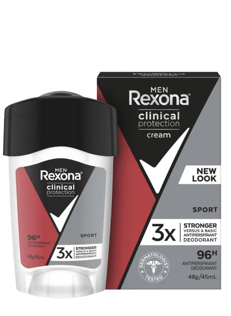 Rexona Men Clinical Protection Deodorant Cream Sport Anti Perspirant with 3x Protection for Stress provides 96 hours 45 ml
