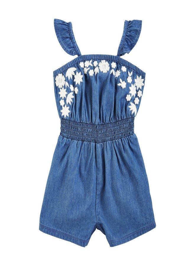 Mud Pie Baby Girls Embroidered Denim Romper, Blue, 5T - Image 1