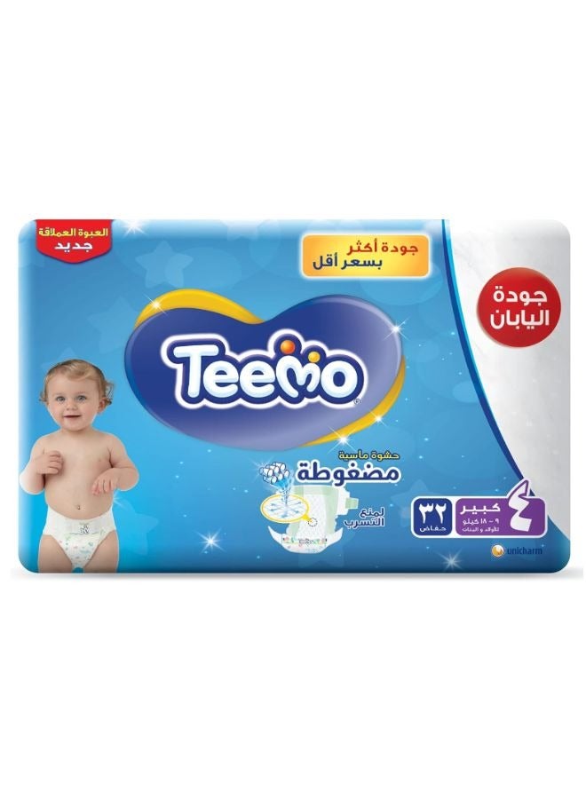 Teemo Baby Diapers Large Size 4 (9-18 kg) Jumbo Pack 32 Diapers - Image 1