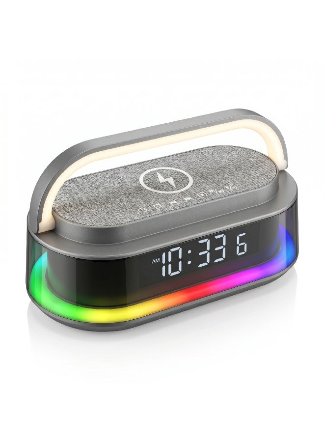 موتوك مكبر صوت وساعة منبه ذكية بجانب السرير S303 مع شاحن لاسلكي سريع 15 واط، وتقنية بلوتوث 5.3 ستيريو عالي الدقة، وإضاءة محيطية RGB، ومقبض مصباح LED قابل للطي، وراديو FM، وقماش رمادي - Image 1