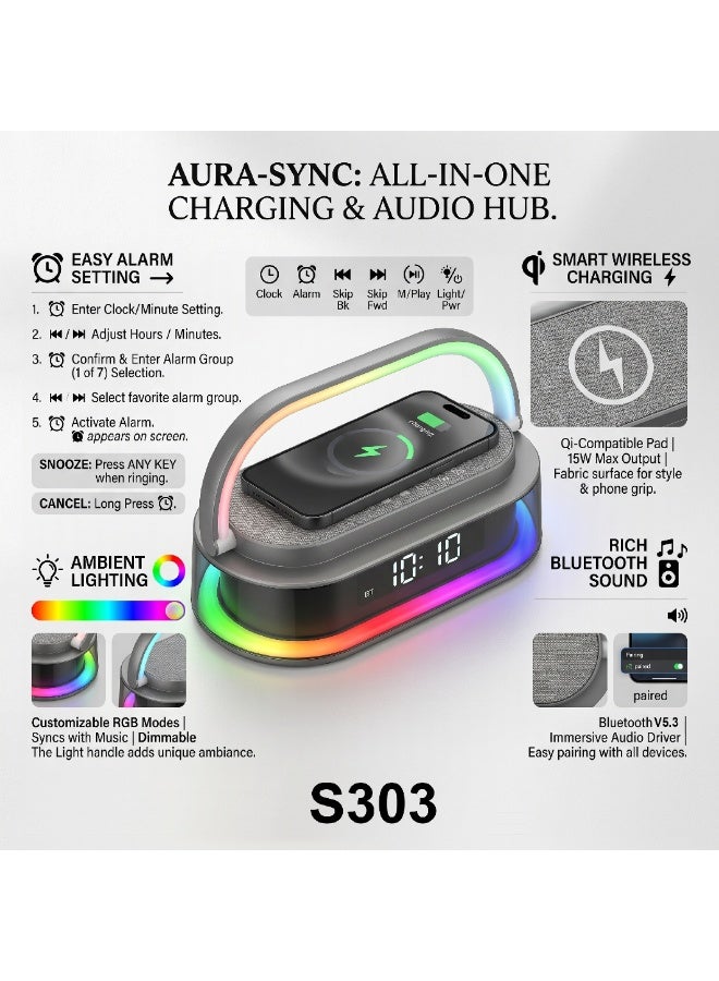 موتوك مكبر صوت وساعة منبه ذكية بجانب السرير S303 مع شاحن لاسلكي سريع 15 واط، وتقنية بلوتوث 5.3 ستيريو عالي الدقة، وإضاءة محيطية RGB، ومقبض مصباح LED قابل للطي، وراديو FM، وقماش رمادي - Image 2
