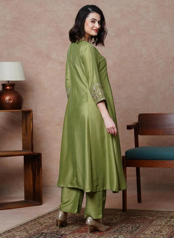 Globus  Olive Floral Embroidered A-Line Anarkali Kurta with Pants Set for Women | Best Price UAE