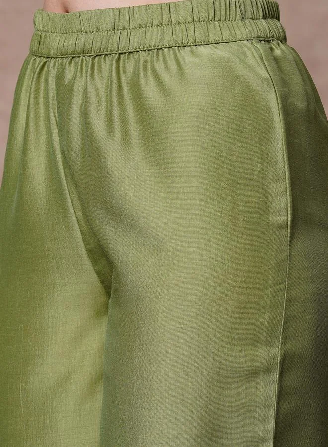 Globus  Olive Floral Embroidered A-Line Anarkali Kurta with Pants Set for Women | Best Price UAE