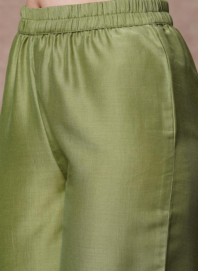 globus Olive Floral Embroidered A-Line Anarkali Kurta with Pants Set - Image 5