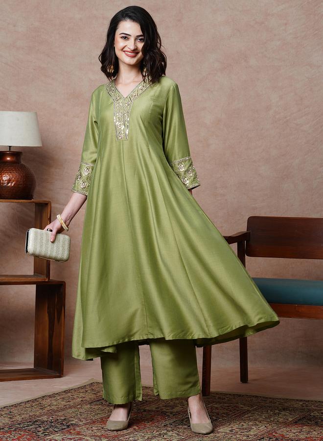 globus Olive Floral Embroidered A-Line Anarkali Kurta with Pants Set - Image 1