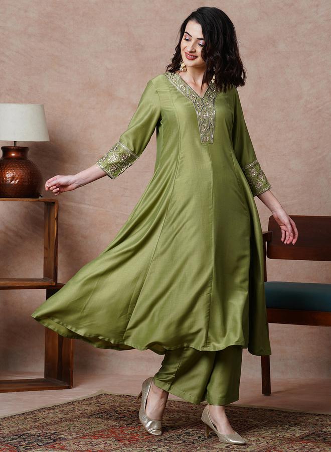 globus Olive Floral Embroidered A-Line Anarkali Kurta with Pants Set - Image 2