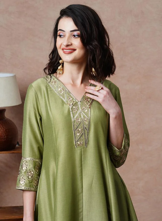 Globus  Olive Floral Embroidered A-Line Anarkali Kurta with Pants Set for Women | Best Price UAE