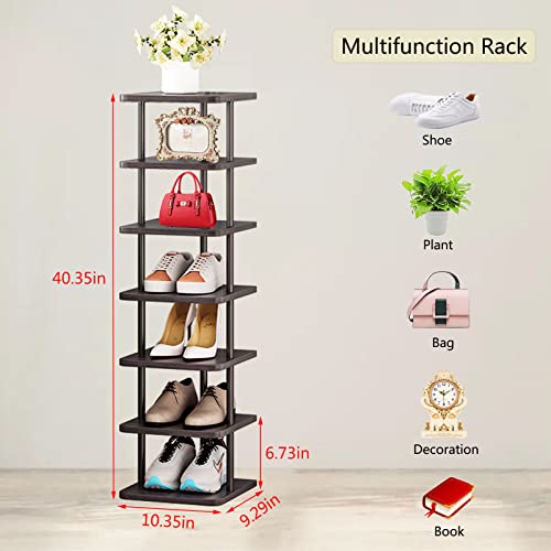 SORCEDAS 7 Tiers Vertical Shoe Rack Wooden Shoe Storage Organizer for Space Saving Narrow Shoe Shelf Storage 7 Pairs for Entryway Living Room Bedroom(Black + Rustic Dark Brown) - Image 5