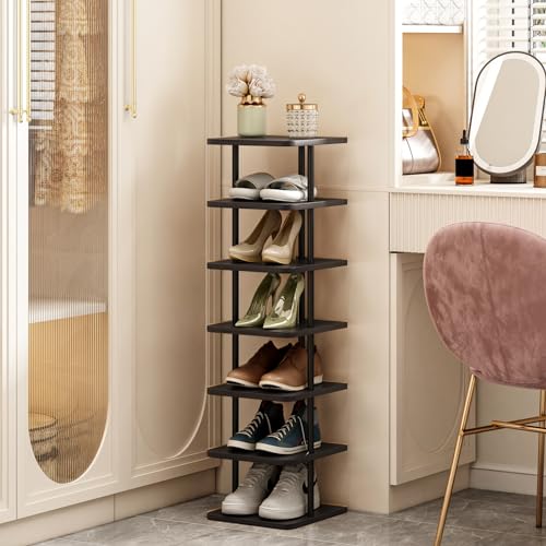 SORCEDAS 7 Tiers Vertical Shoe Rack Wooden Shoe Storage Organizer for Space Saving Narrow Shoe Shelf Storage 7 Pairs for Entryway Living Room Bedroom(Black + Rustic Dark Brown) - Image 3