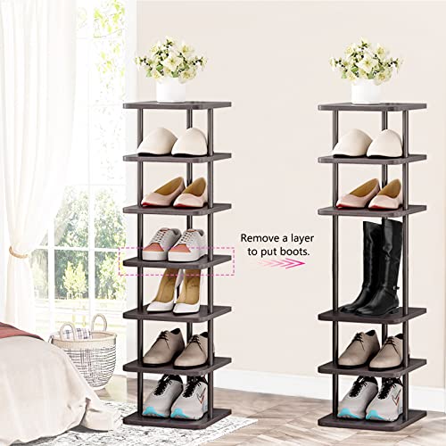 SORCEDAS 7 Tiers Vertical Shoe Rack Wooden Shoe Storage Organizer for Space Saving Narrow Shoe Shelf Storage 7 Pairs for Entryway Living Room Bedroom(Black + Rustic Dark Brown) - Image 4