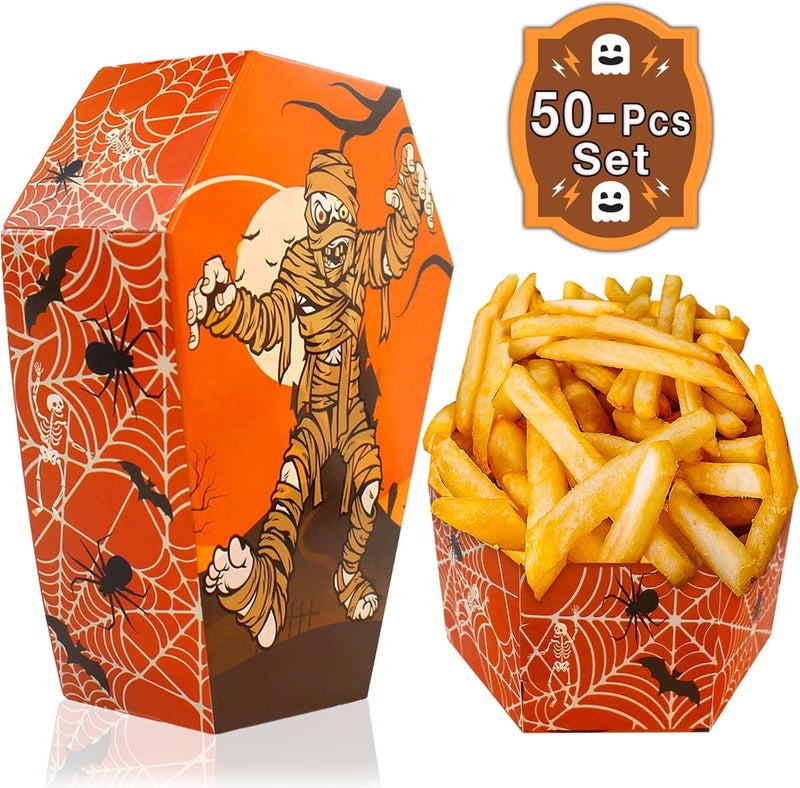 BASHOUT Coffin Shape Snack Trays | 50pcs Spooky Food Serving Basket | Halloween Party Decor - Image 3