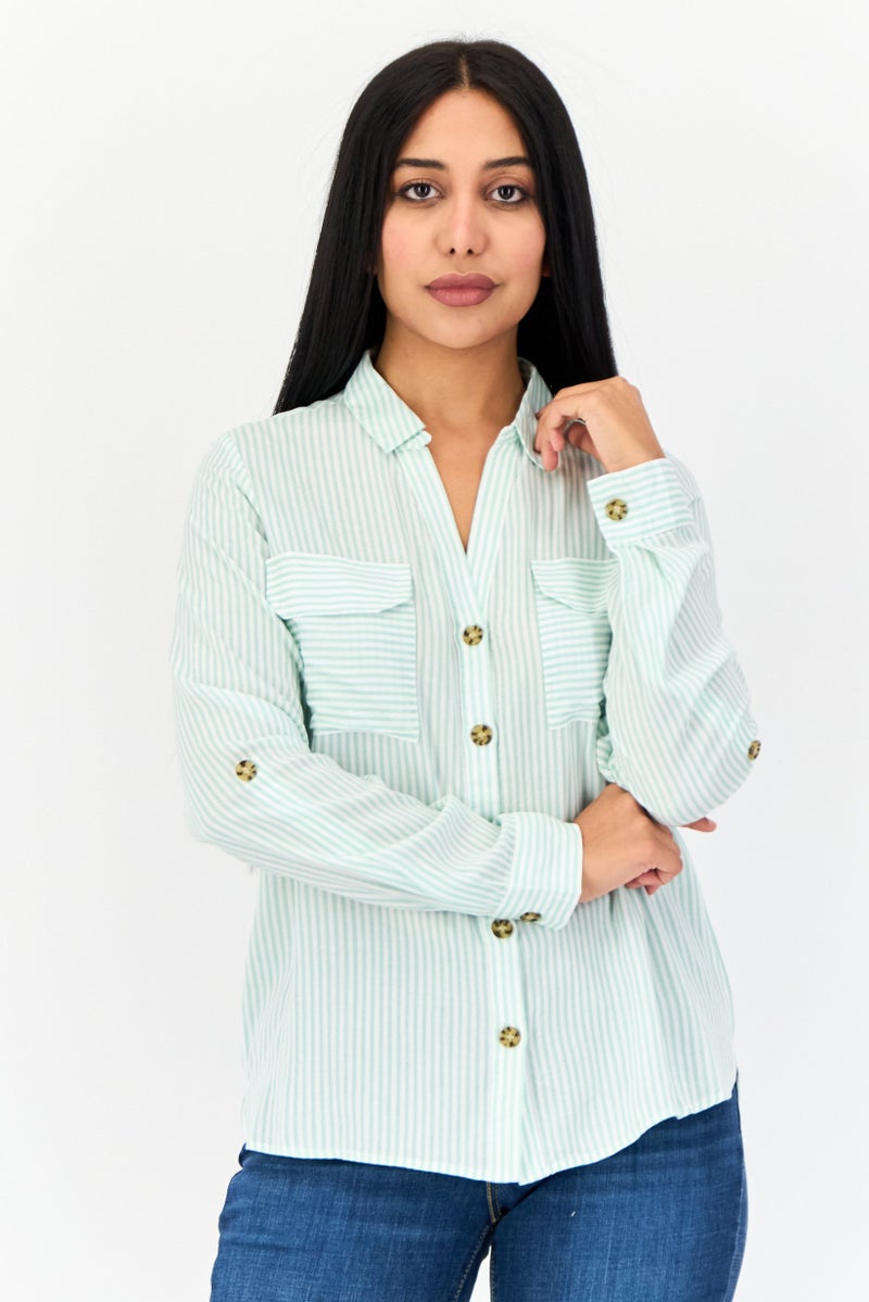 VERO MODA Women Spread Collar Long Sleeve Striped Shirt, Multicolor  - Image 1