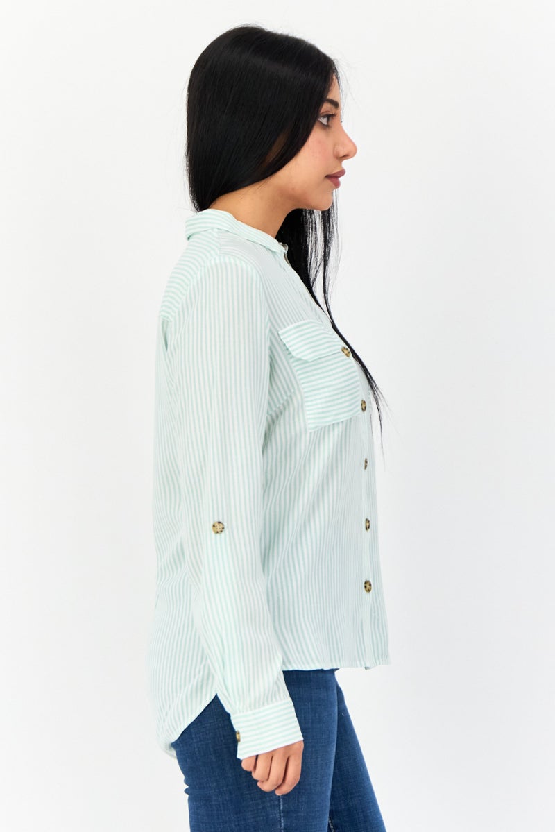 VERO MODA Women Spread Collar Long Sleeve Striped Shirt, Multicolor  - Image 2