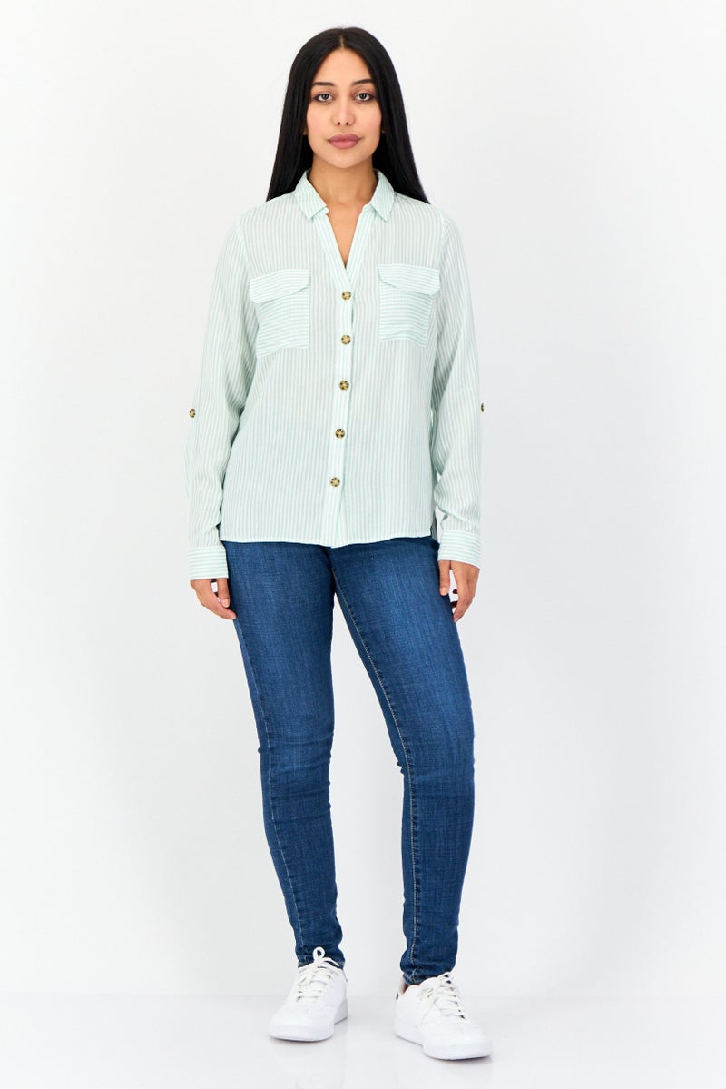 VERO MODA Women Spread Collar Long Sleeve Striped Shirt, Multicolor  - Image 4