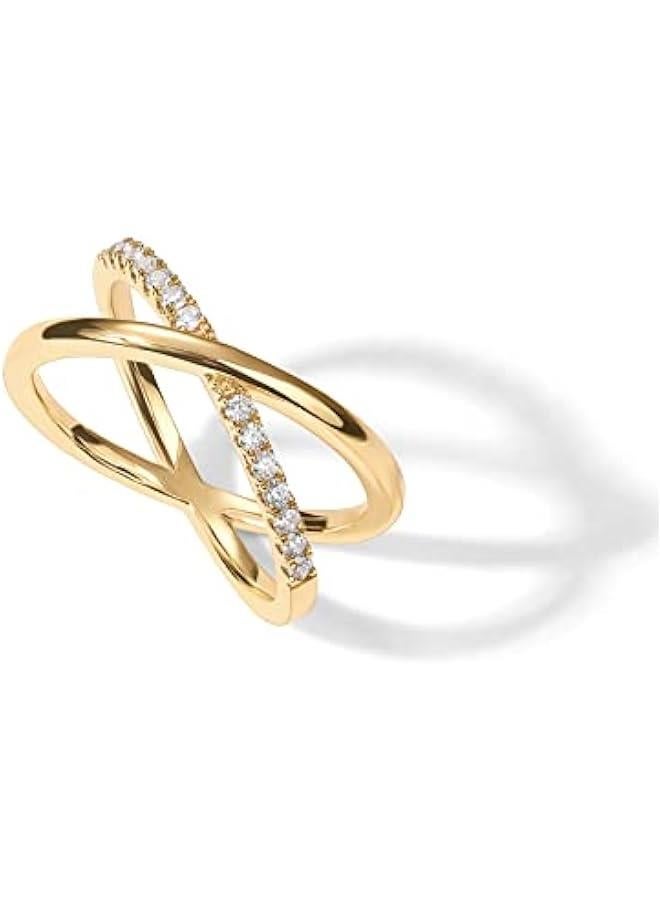 PAVOI 14K Gold Plated X Ring | Simulated Pavé Diamond CZ Criss Cross Ring for Women - Image 1