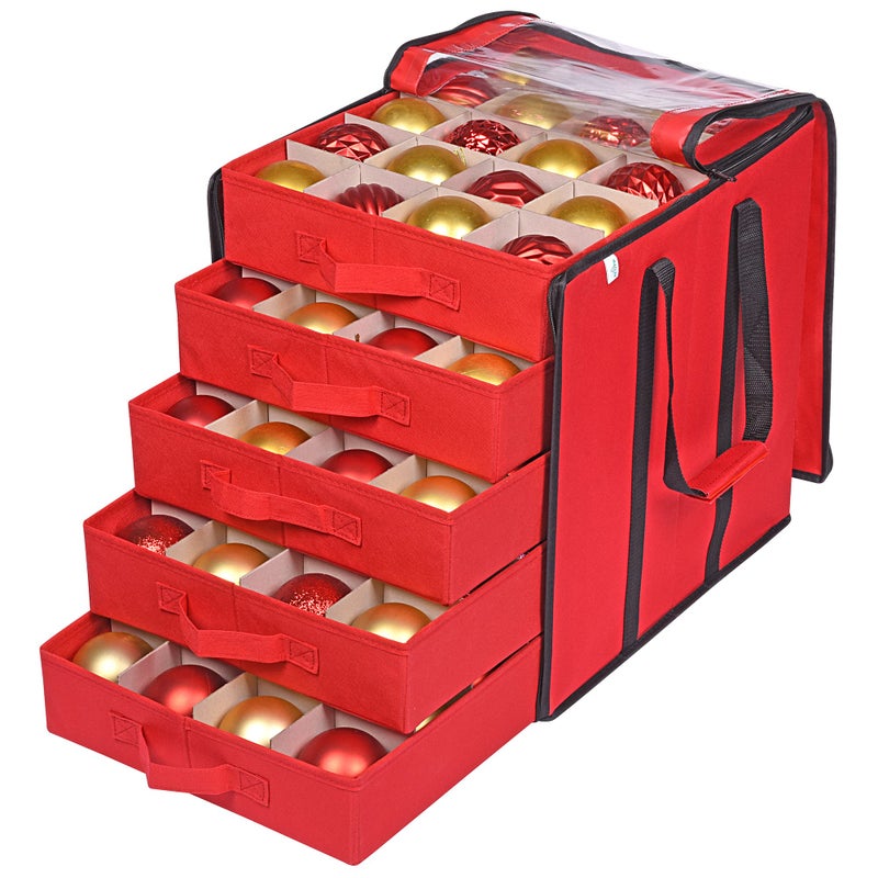 ProPik Christmas Ornament Storage Boxes with Dividers  5 Separate Trays  Ornament Holder  Keeps 100 Holiday Ornaments  Durable Carrying Bag Handles Organizer Storage Box Red