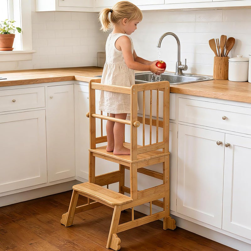 HBTower Kids Kitchen Step Stool with Safety Rails & Anti-Slip Feet,Toddler Standing Tower for Kitchen Counter Learning,Anti-Slip Feet Toddlers Learning Tower,Natural Bamboo - Image 1