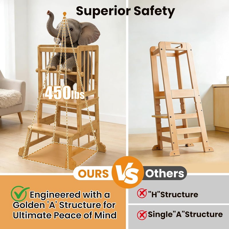 HBTower Kids Kitchen Step Stool with Safety Rails & Anti-Slip Feet,Toddler Standing Tower for Kitchen Counter Learning,Anti-Slip Feet Toddlers Learning Tower,Natural Bamboo - Image 3