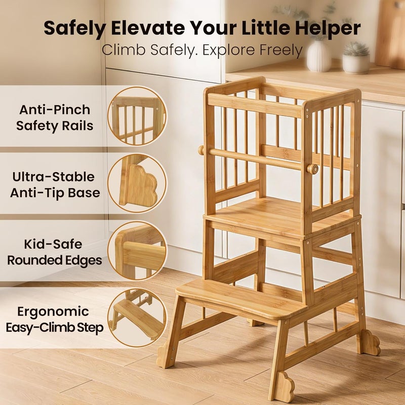 HBTower Kids Kitchen Step Stool with Safety Rails & Anti-Slip Feet,Toddler Standing Tower for Kitchen Counter Learning,Anti-Slip Feet Toddlers Learning Tower,Natural Bamboo - Image 2