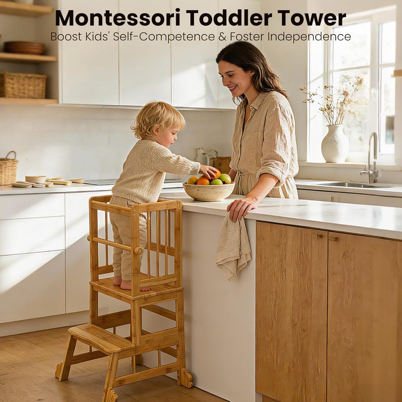 HBTower Kids Kitchen Step Stool with Safety Rails & Anti-Slip Feet,Toddler Standing Tower for Kitchen Counter Learning,Anti-Slip Feet Toddlers Learning Tower,Natural Bamboo - Image 5