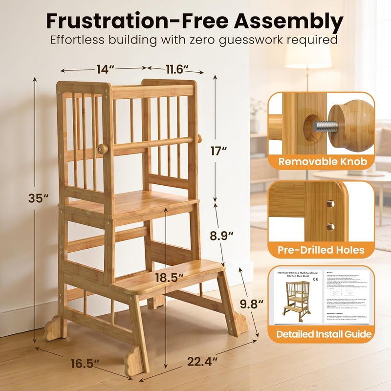 HBTower Kids Kitchen Step Stool with Safety Rails & Anti-Slip Feet,Toddler Standing Tower for Kitchen Counter Learning,Anti-Slip Feet Toddlers Learning Tower,Natural Bamboo - Image 4