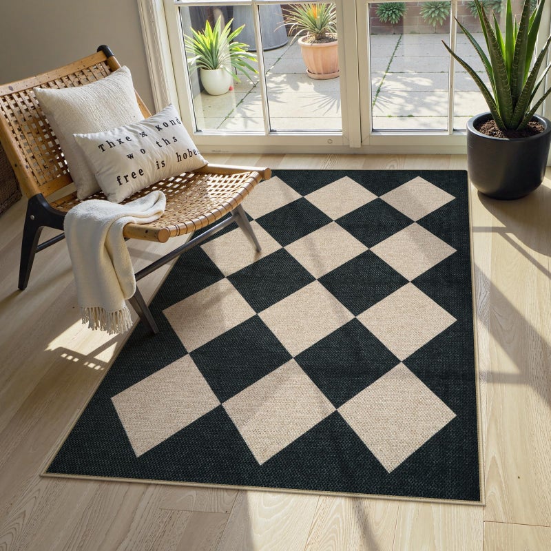 Collive Checkered Easy Jute Outdoor Area Rugs, 3 x 5 Black Washable Rug for Entryway Indoor Non Slip Front Door Mat Kitchen Carpet Modern Geometric Throw Mat for Porch Patio Backyard - Image 1