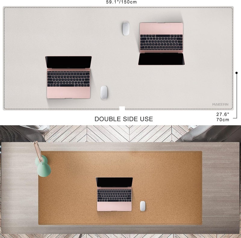 MAIDERN مايدرن 59 × 27.5 بوصة حصيرة مكتب، حصيرة مكتب كبيرة، حصيرة ماوس كبيرة من الفلين والجلد للمكتب، حصيرة مكتب كمبيوتر مقاومة للماء للألعاب والمكتب المنزلي (كريمي) - Image 2
