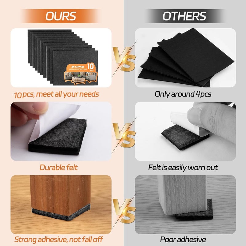 BAIPOK Felt Furniture Pads 10pcs 8" x 6" Adhesive Large Felt Pads, Cuttable Chair Leg Pads, Hardwood Floor Protectors for Furniture, Black - Image 2