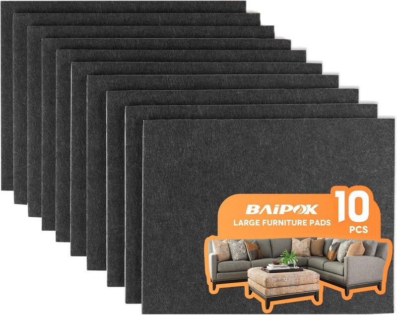 BAIPOK Felt Furniture Pads 10pcs 8" x 6" Adhesive Large Felt Pads, Cuttable Chair Leg Pads, Hardwood Floor Protectors for Furniture, Black - Image 1