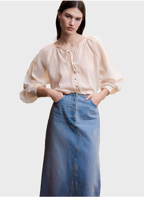 Button Detail Balloon Sleeve Top