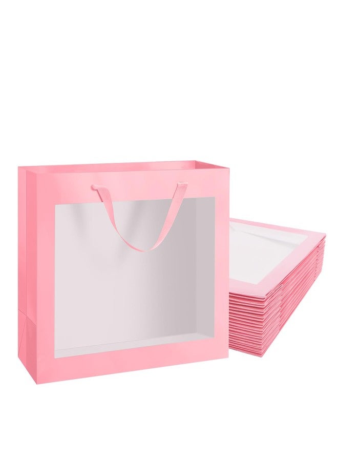 PACKQUEEN 12pcs Pink Gift Bags with Transparent Window, 16x6x12 Inches Extra Large Gift Bags with Handles for Wedding Graduation Mother's Day Festivals Party Present (Glossy Pink) - Image 1