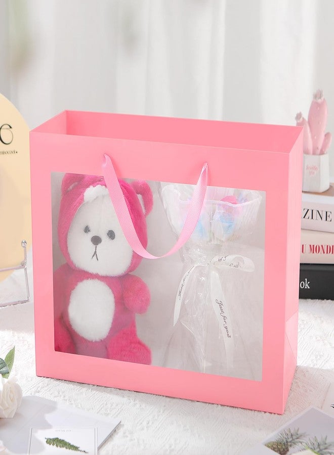 PACKQUEEN 12pcs Pink Gift Bags with Transparent Window, 16x6x12 Inches Extra Large Gift Bags with Handles for Wedding Graduation Mother's Day Festivals Party Present (Glossy Pink) - Image 3