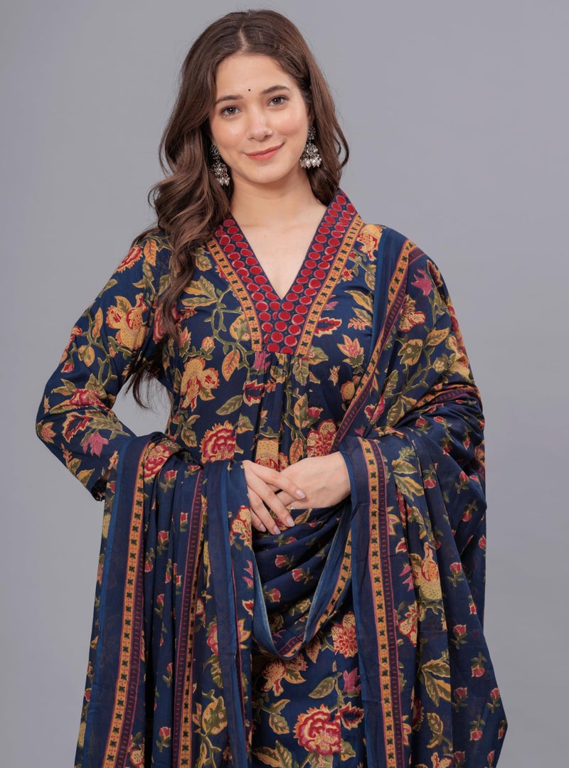 Arayna Women's Pure Cotton Block Printed Kurta Set with Palazzo Pants & Dupatta - Ethnic Wear, Blue, Medium - Image 5