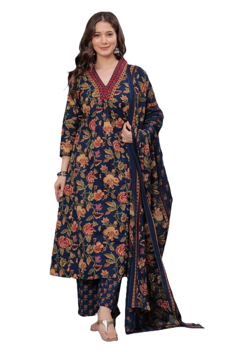 Arayna Women's Pure Cotton Block Printed Kurta Set with Palazzo Pants & Dupatta - Ethnic Wear, Blue, Medium - Image 1